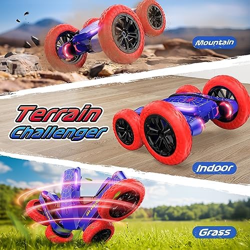 DEERC Spider Remote Control Car - Double Sided Mini RC Stunt Car, 360°Rotating 4WD Off-Road RC Cars with Headlights 2.4Ghz Indoor/Outdoor Rechargeable Toy Car for Boys Age 4-7 8-12 Birthday Xmas Gift