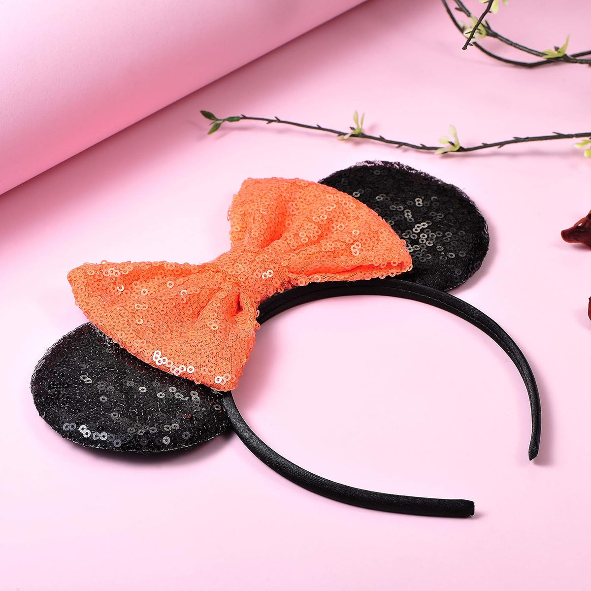 Mouse Ears, Sequin Mouse Ears Headband for Girls (Orange Bow)