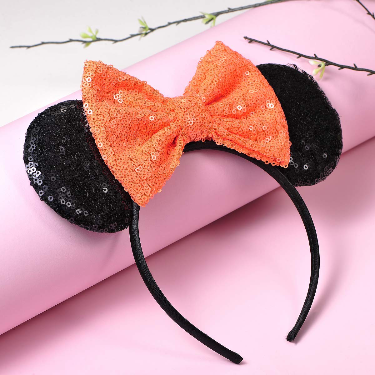 Mouse Ears, Sequin Mouse Ears Headband for Girls (Orange Bow)