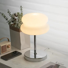 Modern Bauhaus Decorative Desk Lamp, Dimmable Glass Double Layer Tart-Shaped Mushroom Table Light, Push Button Control Metal Base Downlight for Various Room Types