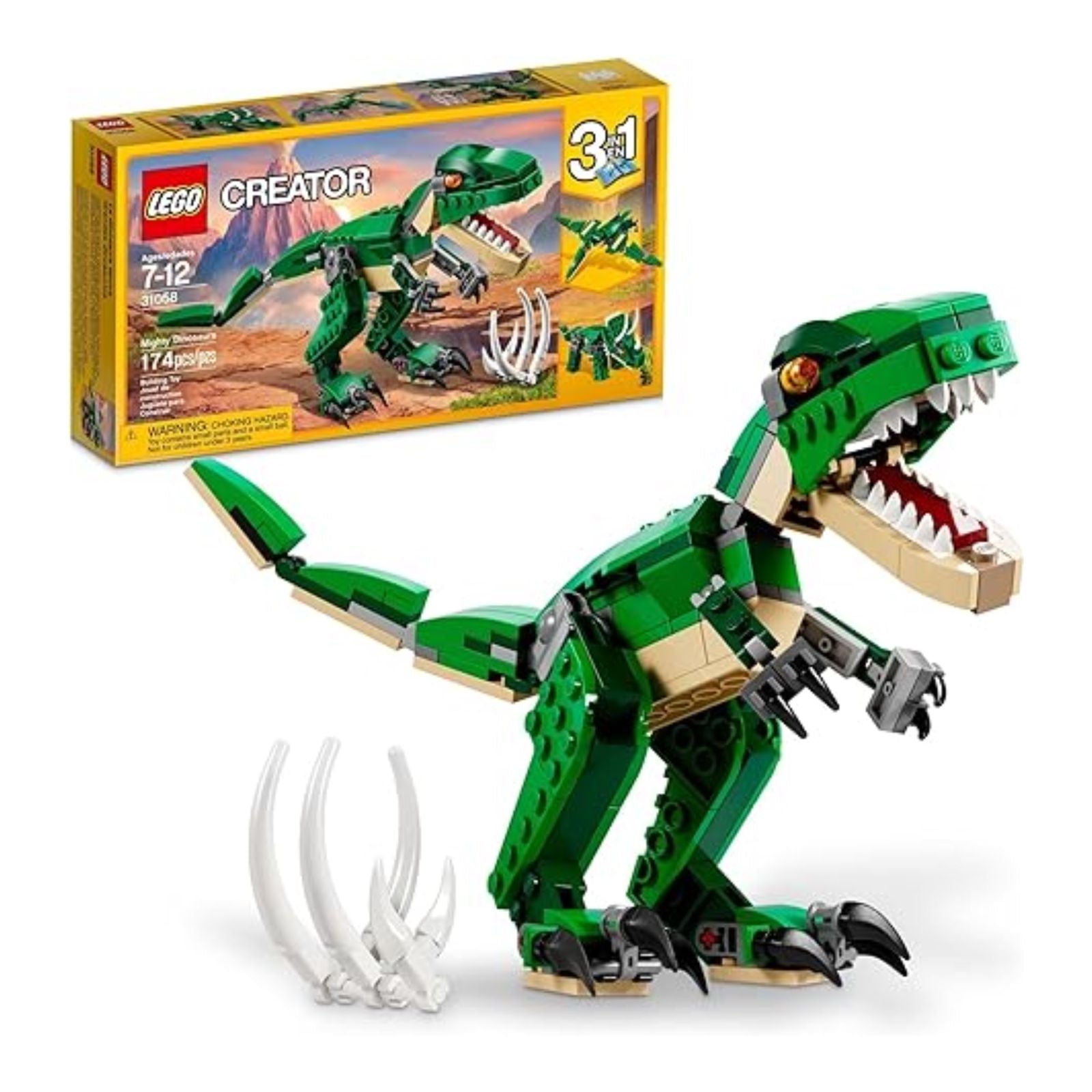 LEGO Creator 3 in 1 Mighty Dinosaur Toy, Transforms from T. rex to Triceratops to Pterodactyl Dinosaur Figures, Great Gift for 7-12 Year Old Boys & Girls, 31058