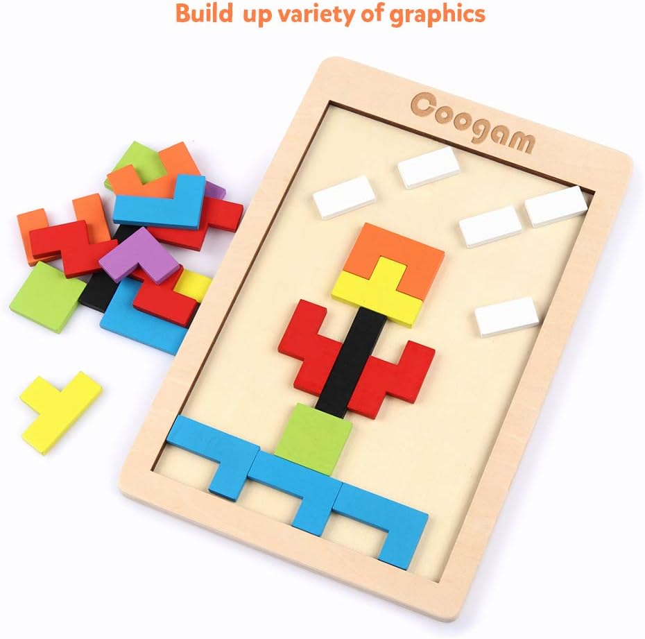 Coogam Wooden Blocks Puzzle Brain Teasers Toy Tangram Jigsaw Intelligence Colorful 3D Russian Blocks Game (40 Pcs)