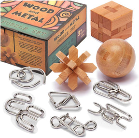 LESONG Brain Teasers Metal and Wooden Puzzles for Kids and Adults 9 Pack, Mind, IQ, and Logic Test and Handheld Disentanglement Games, 3D Coil Cast Wire Chain and Durable Wood Educational Toys