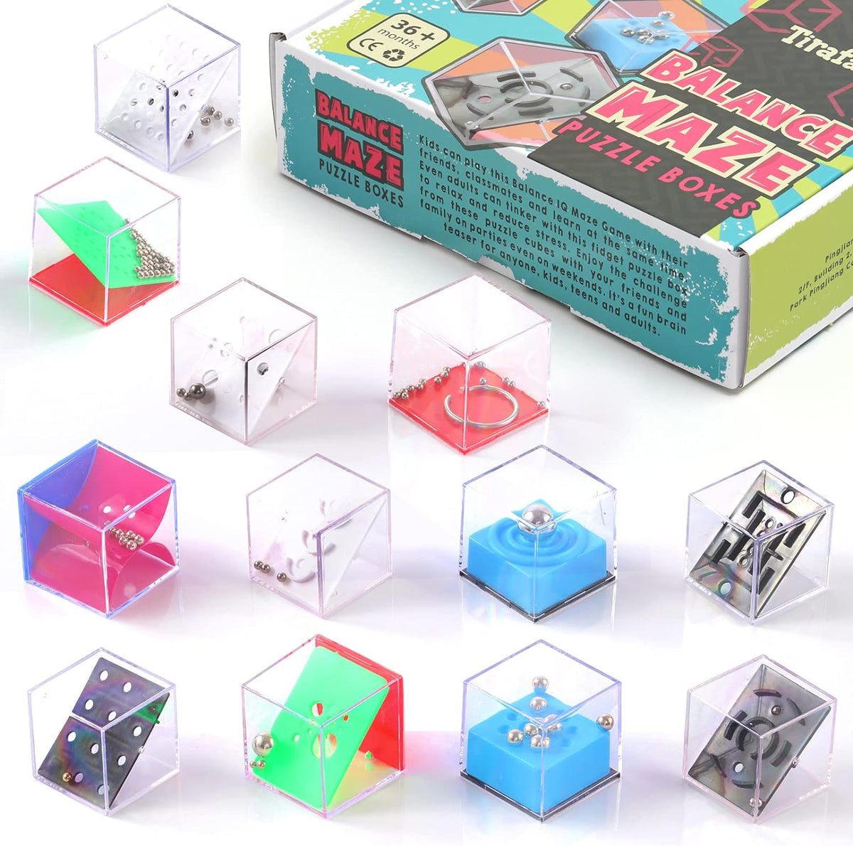 Balance IQ Maze Game Mini Fidget Puzzle Box 12Pcs for Kids and Adults Brain Teaser Puzzle Cubes for Challenge, Decompression and Special Needs Stocking Stuffers &Party Favor Games, Prizes Gifts