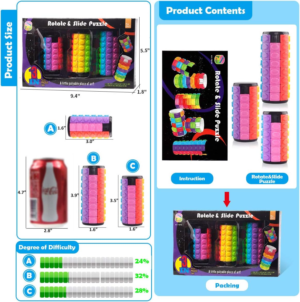 R.Y.TOYS Rotate and Slide Puzzle-Design Patent,Fidget Toys(Restore Order/Create Patterns) 8 Colors,6, 7 and 8 Layers-Detach Piece for Quick Play