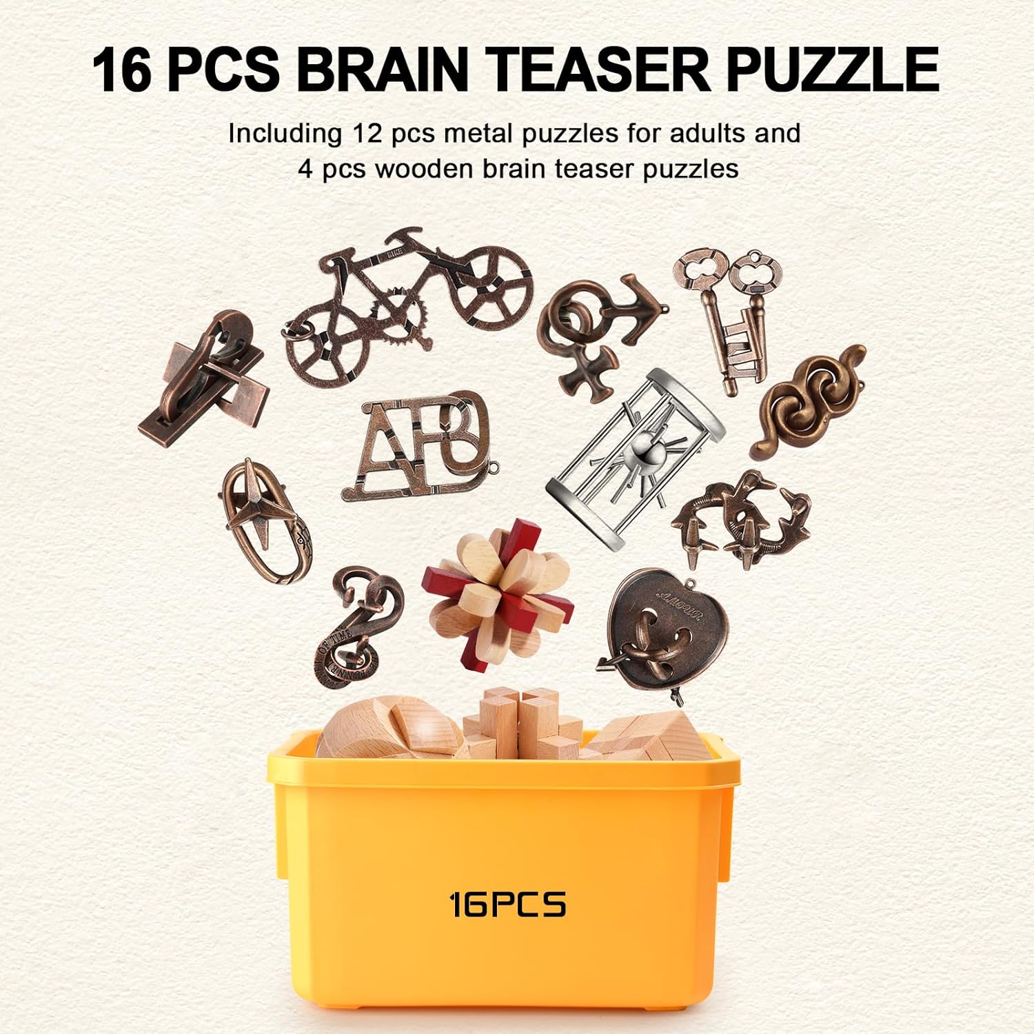 Brain Teaser Puzzles for Adults Metal Wooden Brain Teaser Puzzle 16pcs Logic Metal Puzzle for Adult Kid Toy Lock Puzzles Gift for Adults Teenager