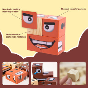 Face Change Cube Game, Face Blocks Wooden Face Changing Magic Cube Game with Bell Mini Expression Puzzle Building Blocks Game