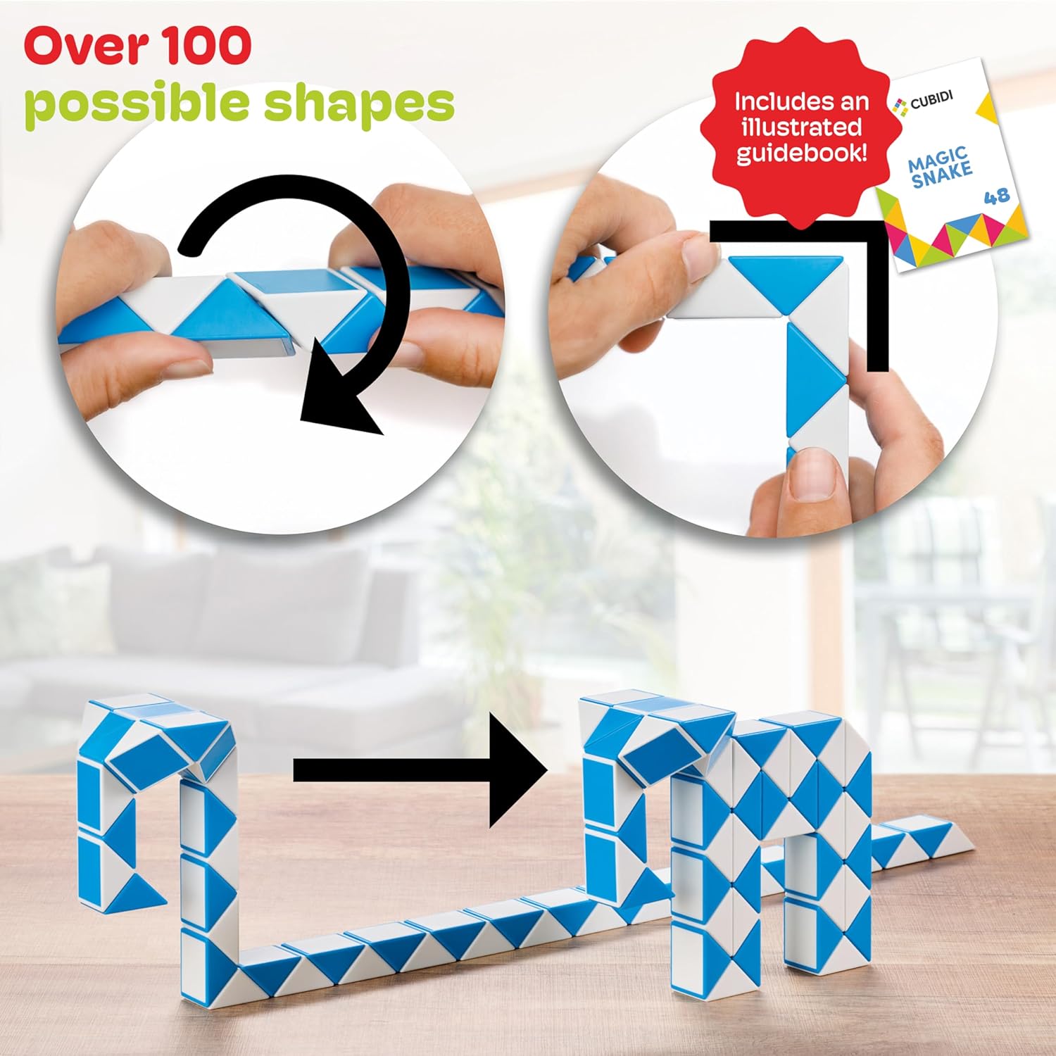 CUBIDI® Magic Snake Cube | Fidget Snake Toy for Kids | Great Gift for Boys and Girls Birthday, Stocking Stuffers - 48 Blocks | 0.9 inch x 0.7 inch | Blue