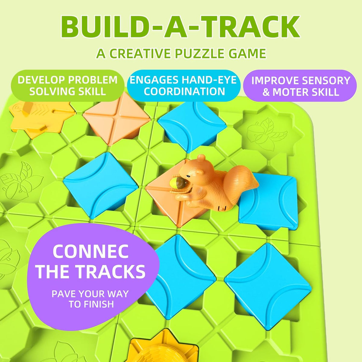 STEM Board Games Kids Toys, Build-A-Track Brain Teaser Puzzles for Kids Ages 4-8 with 118 Challenges & 5 Difficulty Levels Squirrel Logic Track Building Blocks