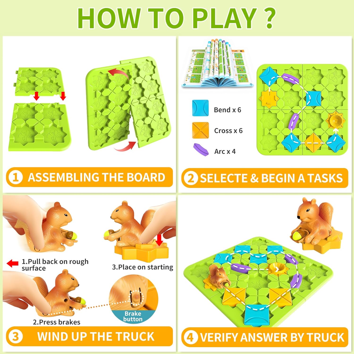 STEM Board Games Kids Toys, Build-A-Track Brain Teaser Puzzles for Kids Ages 4-8 with 118 Challenges & 5 Difficulty Levels Squirrel Logic Track Building Blocks