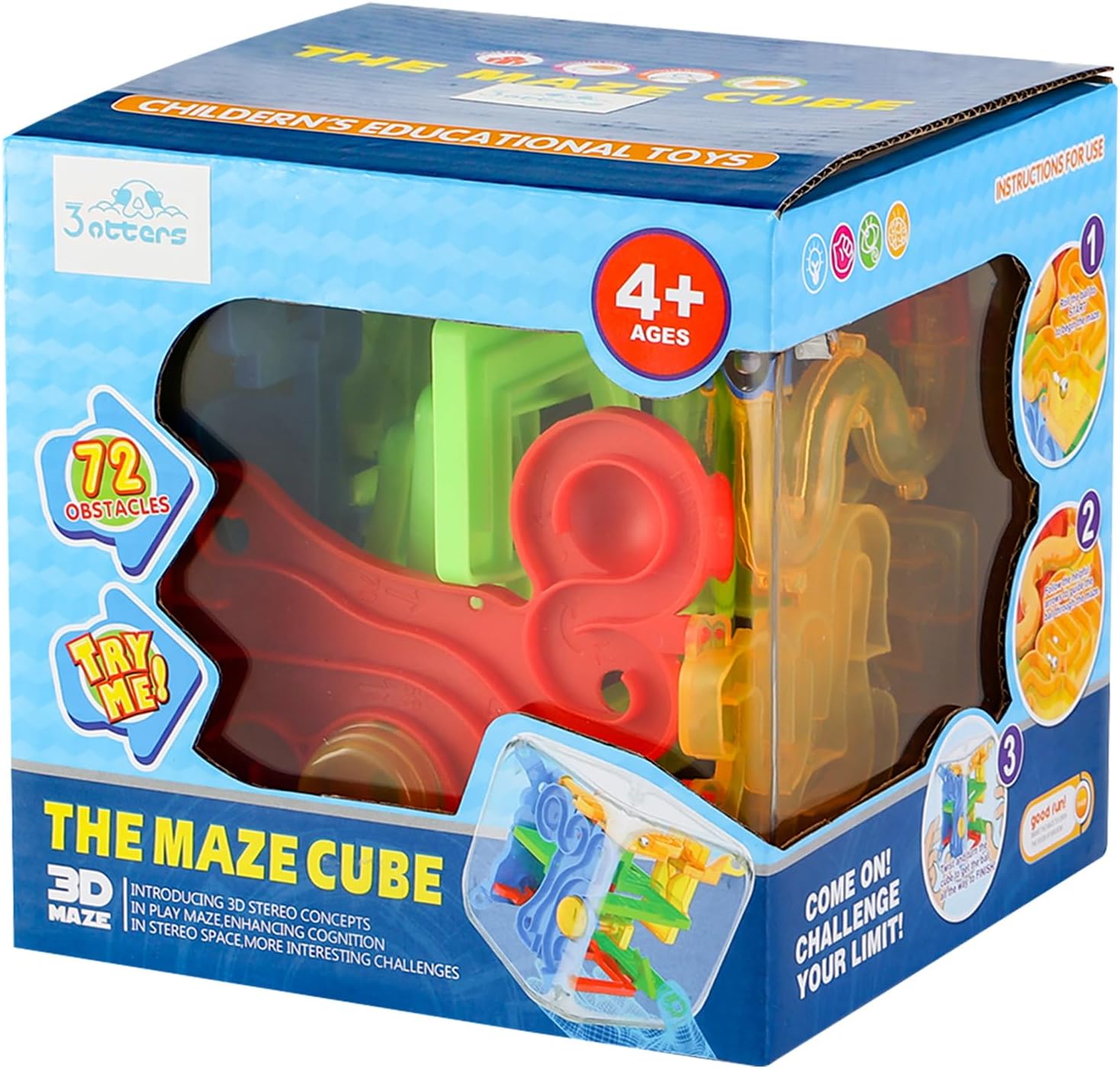 3 otters 3D Puzzle Maze Cube, 72 Obstacles Puzzle Cube Interactive Maze Game with Education Toy for Kids 3+