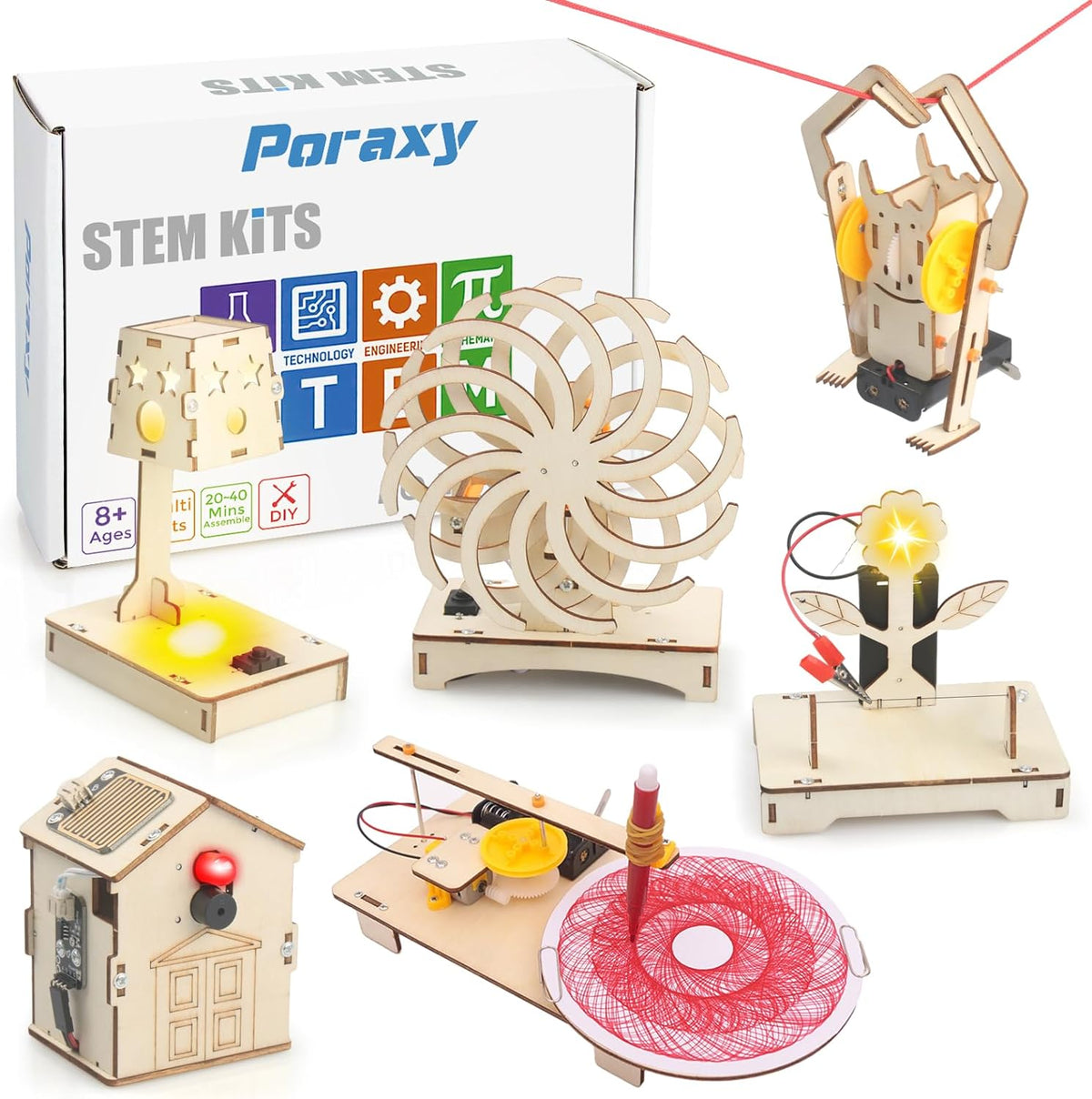 Poraxy 6 in 1 STEM Toys for Kids Ages 8-12, STEM Kits, 3D Wooden Puzzles, Educational Science Projects Building Model Kits, Birthday Gifts for Boys and Girls Ages 7 8 9 10 11 12 13 Years Old