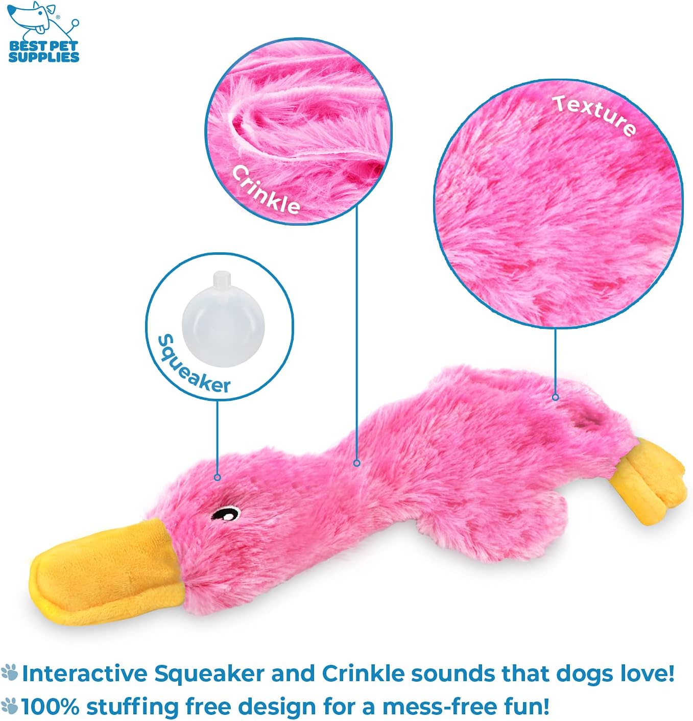 Best Pet Supplies Crinkle Dog Toy for Small, Medium, and Large Breeds, Cute No Stuffing Duck with Soft Squeaker