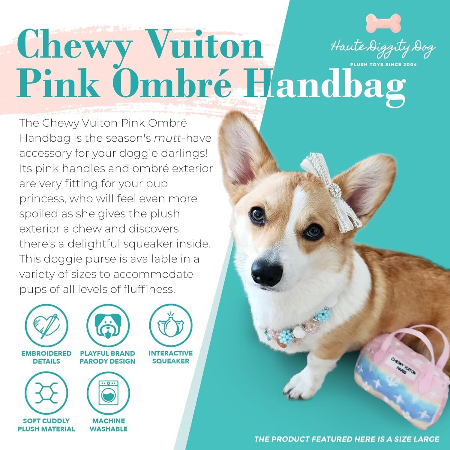 Haute Diggity Dog Pink Ombre Chewy Vuiton Purse, Plush Designer Dog Toys with Interactive Squeaker, Stimulating Pet Enrichment