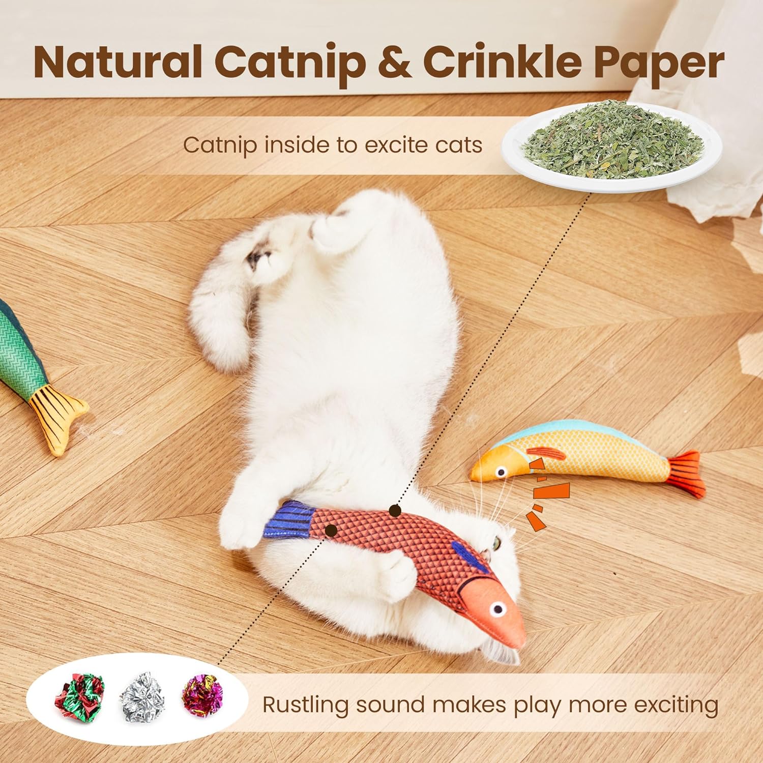 Potaroma Cat Toys Saury Fish, 3 Pack Catnip Crinkle Sound Toys Soft and Durable, Interactive Cat Kicker Toys