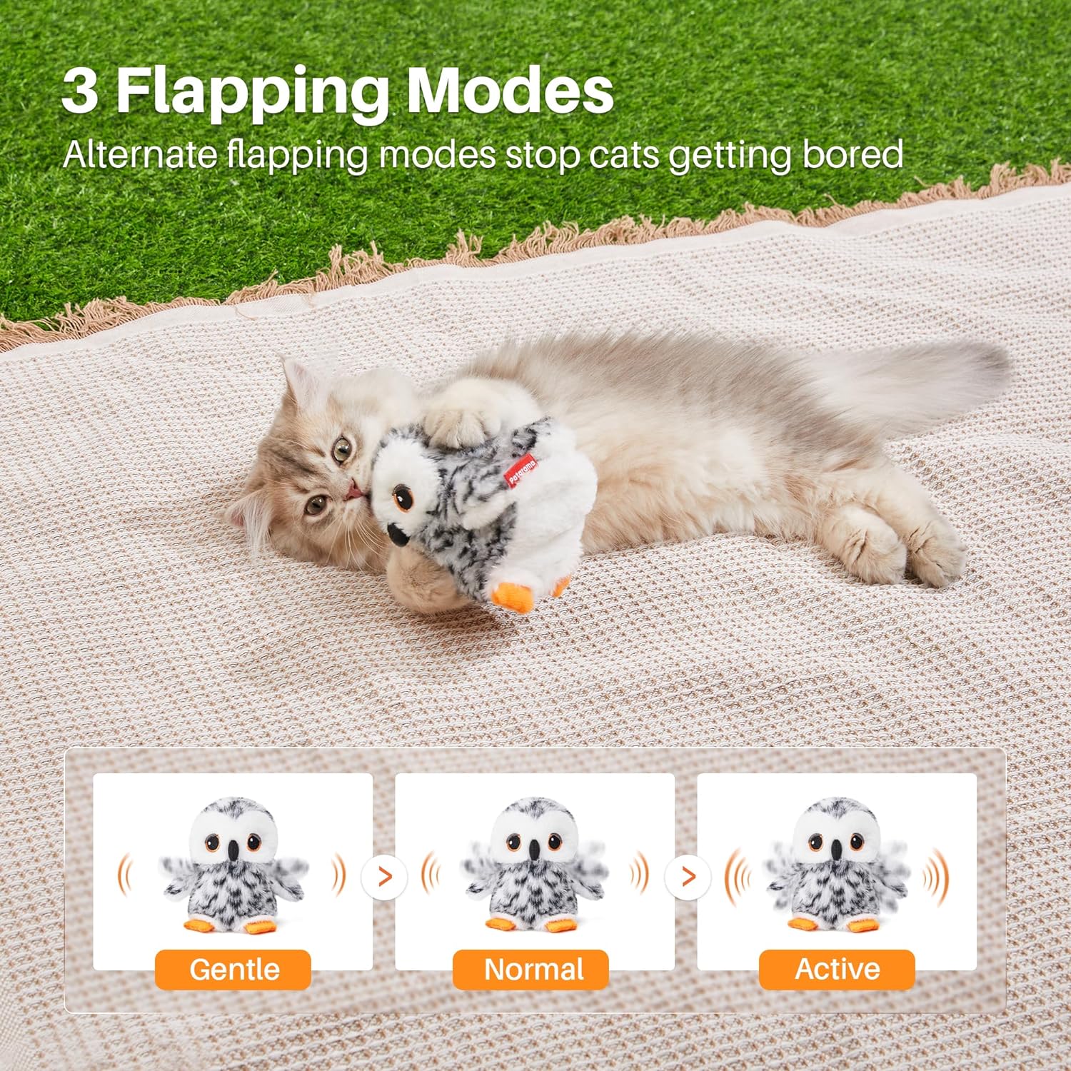 Potaroma Flapping Snowy Owl Cat Toys, Lifelike Bird Chirp, Rechargeable Owl Touch Activated Kitten Toy