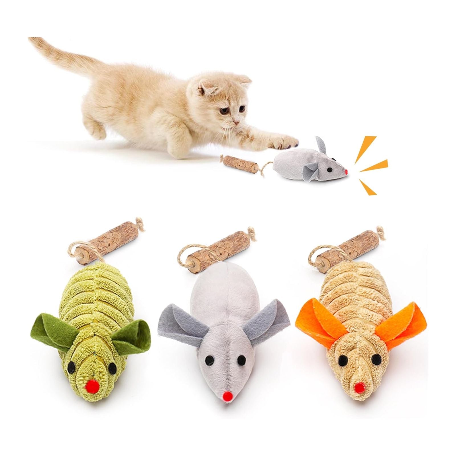 Potaroma Cat Toys 3Pcs Squeak Mice, Interactive Catnip Silvervine Animals Toys for Indoor Kittens, Dental Matatabi Cat Nip Chirping Toy, Cat Chew Exercise Toy for All Breeds and Species