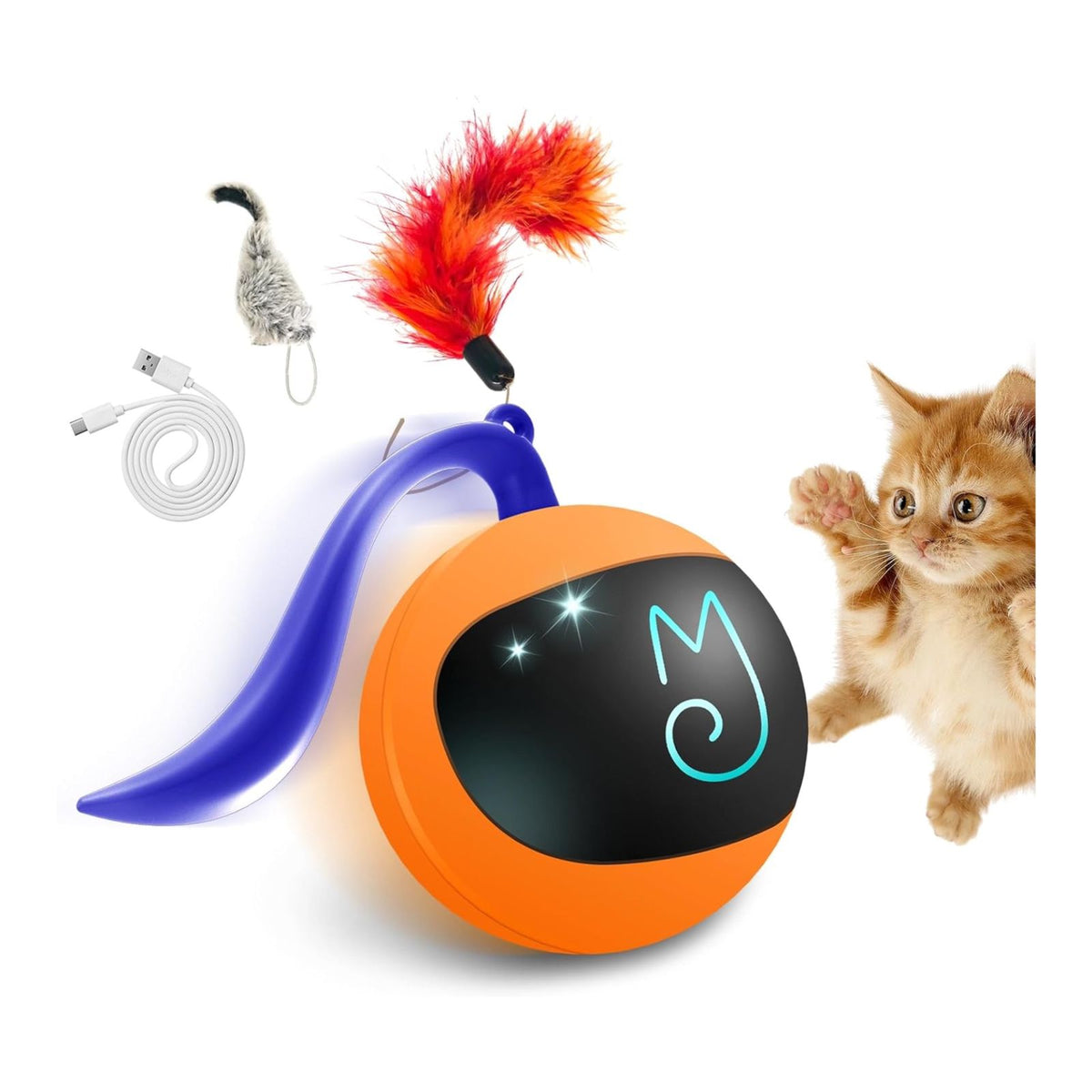 Migipaws Interactive Cat Ball Toy Set, Fun Tracker, Automatic Rolling Chase Ball with Fluffy Tail, A Small Mice, Rechargeable (Orange)