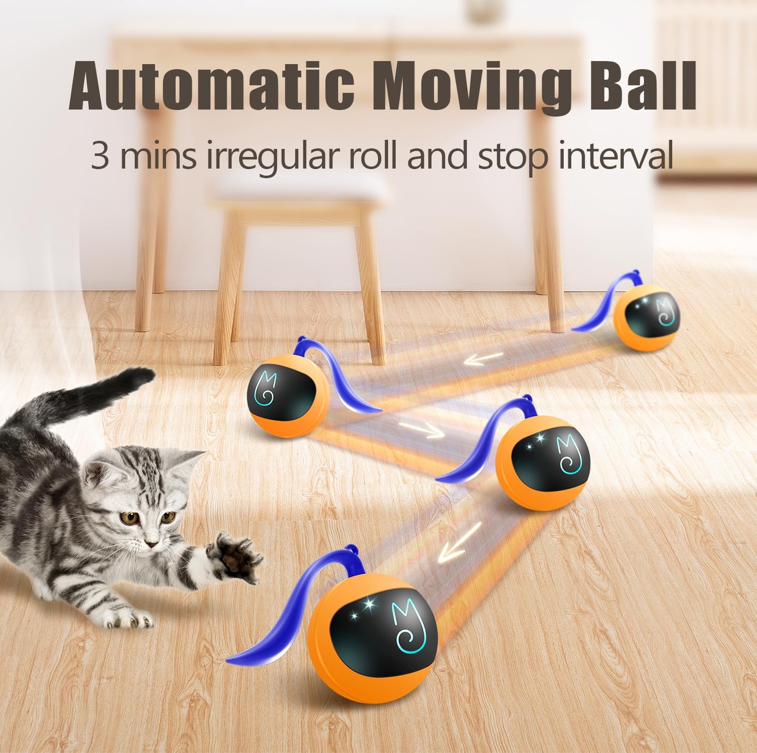 Migipaws Interactive Cat Ball Toy Set, Fun Tracker, Automatic Rolling Chase Ball with Fluffy Tail, A Small Mice, Rechargeable (Orange)