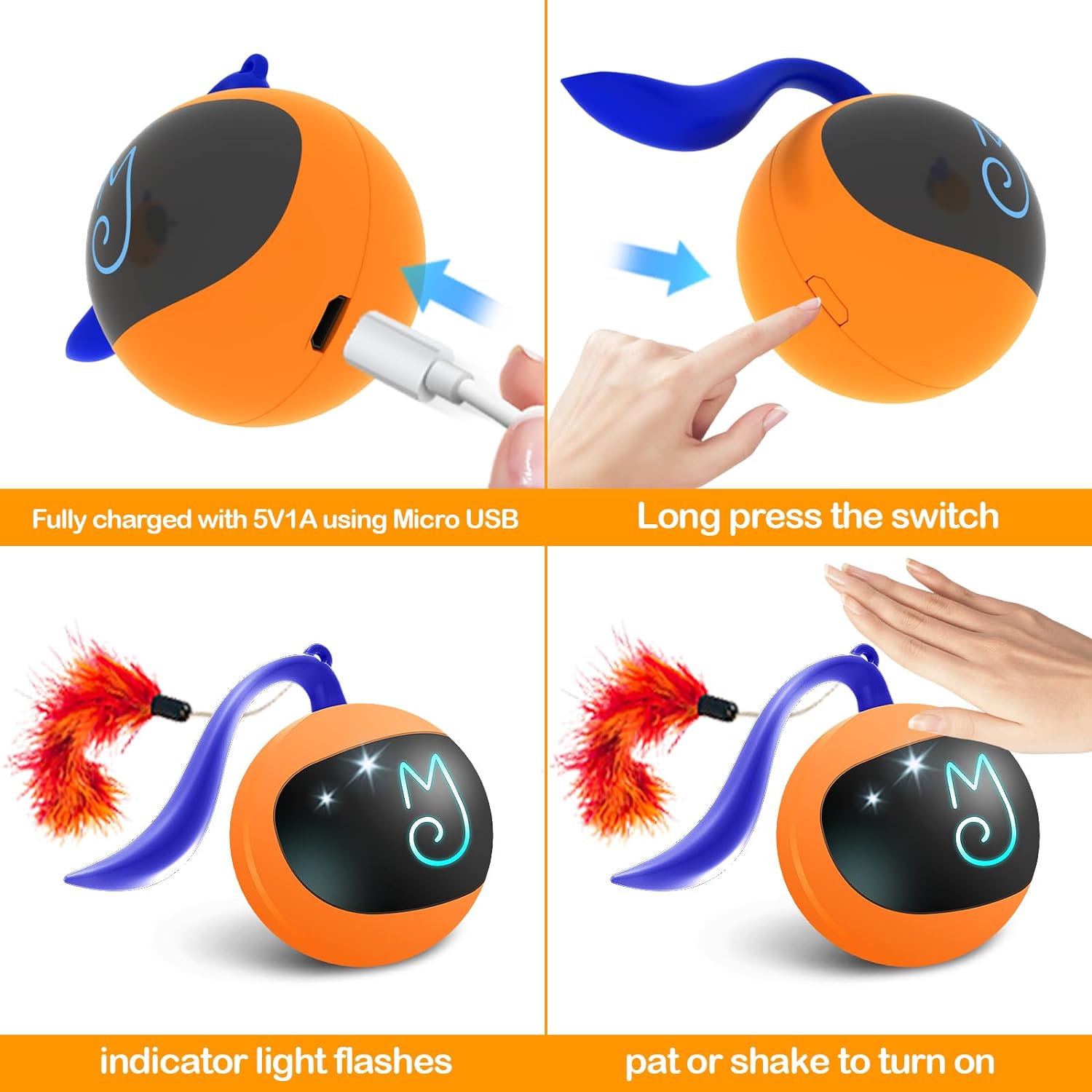 Migipaws Interactive Cat Ball Toy Set, Fun Tracker, Automatic Rolling Chase Ball with Fluffy Tail, A Small Mice, Rechargeable (Orange)