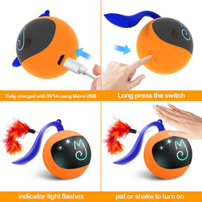 Migipaws Interactive Cat Ball Toy Set, Fun Tracker, Automatic Rolling Chase Ball with Fluffy Tail, A Small Mice, Rechargeable (Orange)