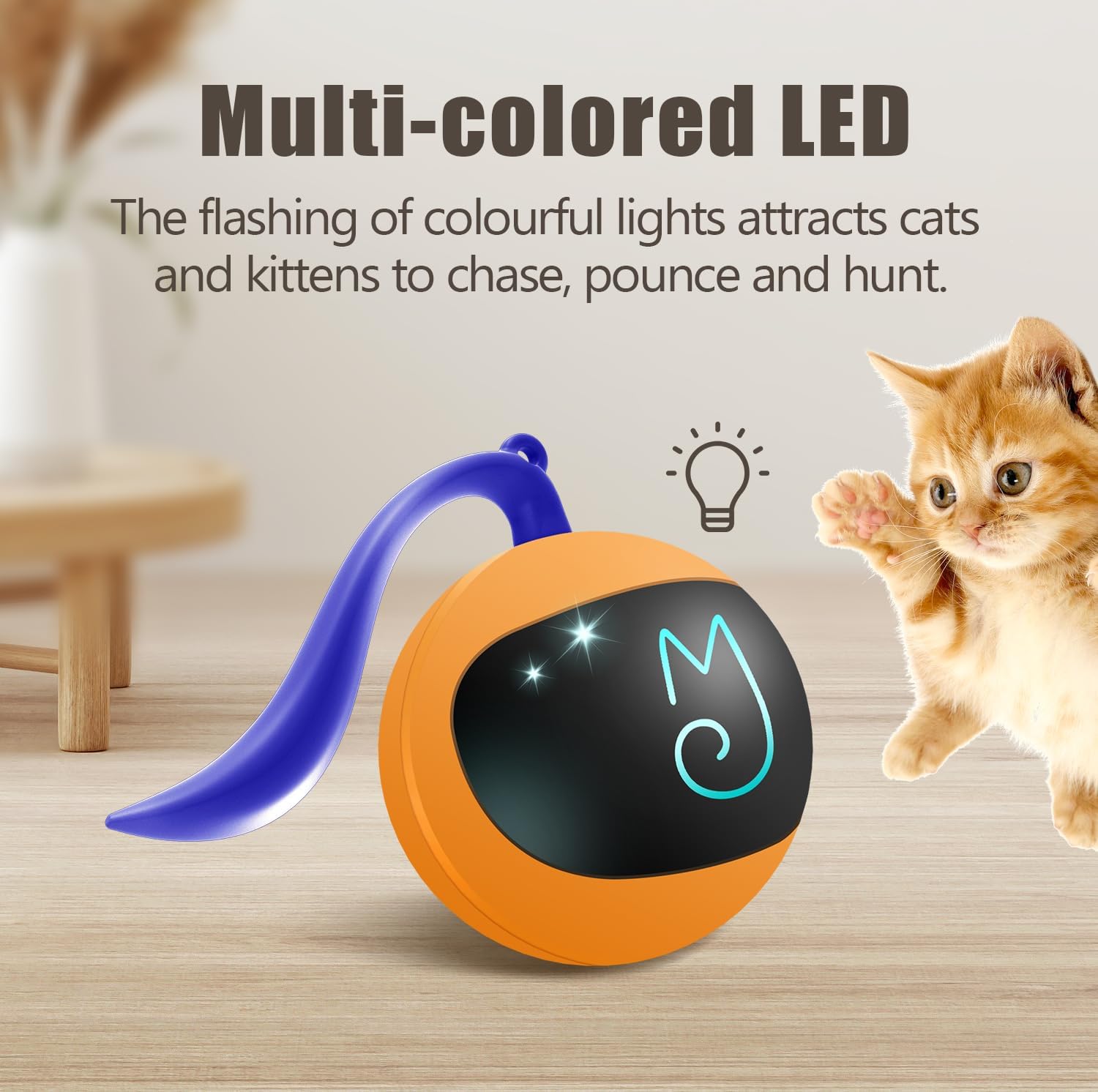 Migipaws Interactive Cat Ball Toy Set, Fun Tracker, Automatic Rolling Chase Ball with Fluffy Tail, A Small Mice, Rechargeable (Orange)