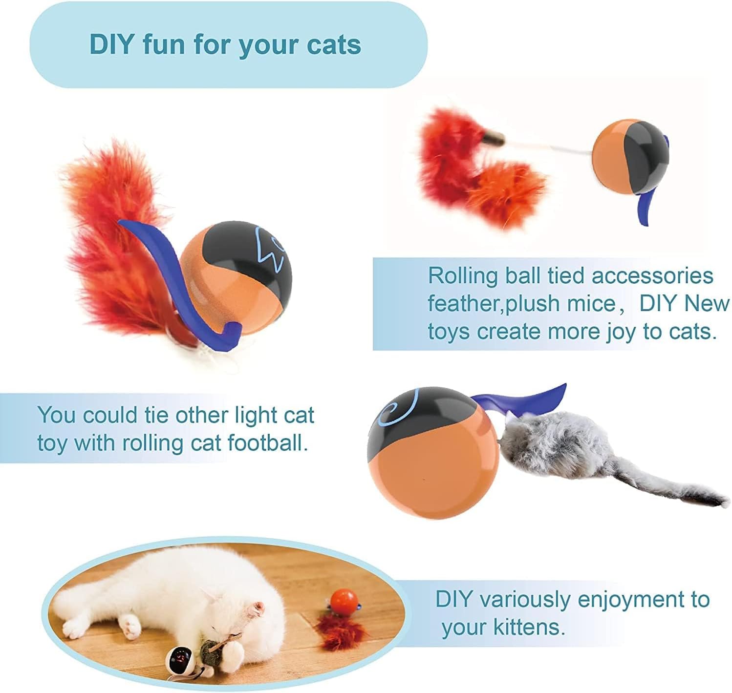 Migipaws Interactive Cat Ball Toy Set, Fun Tracker, Automatic Rolling Chase Ball with Fluffy Tail, A Small Mice, Rechargeable (Orange)