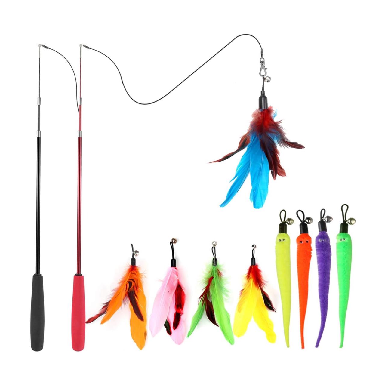 Interactive Cat Toys - Retractable Wand Toy and Feather Toys Refills for Indoor Cats to Chase and Exercise