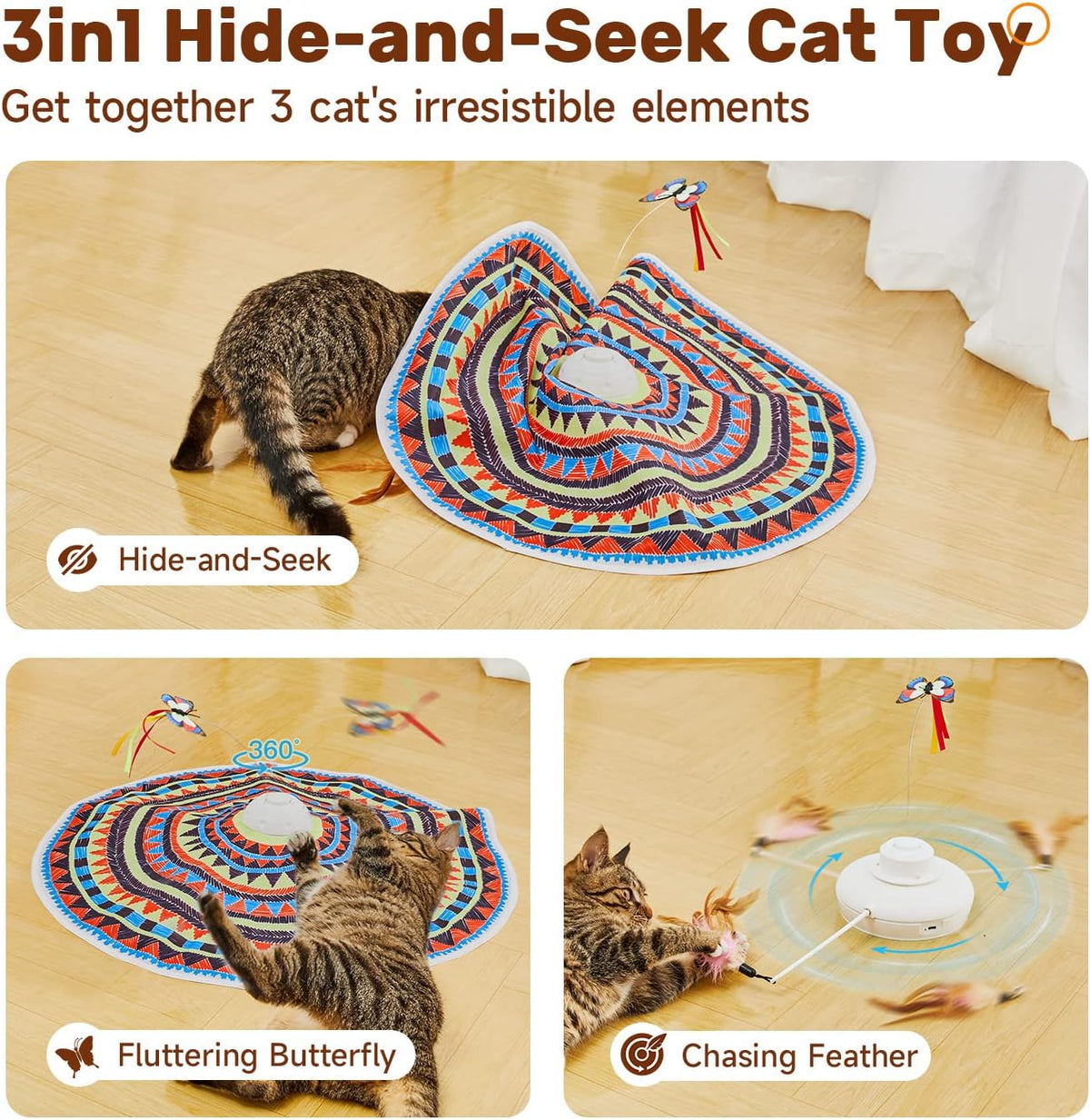 Potaroma Cat Toys Chargeable, 3in1 Hide and Seek, Automatic Interactive Toy, Fluttering Butterfly, Moving Feather, Kitten Wand Toy