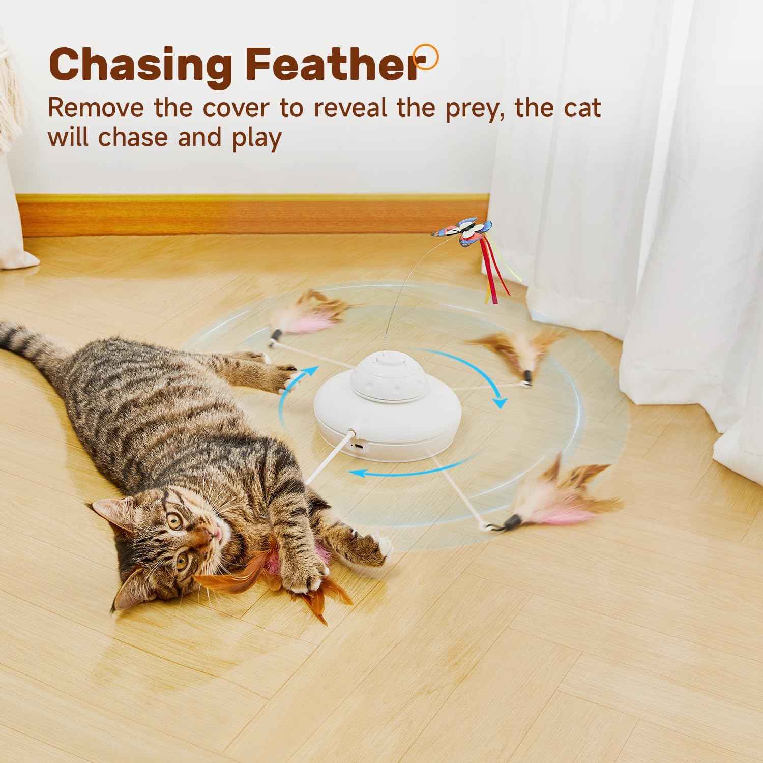 Potaroma Cat Toys Chargeable, 3in1 Hide and Seek, Automatic Interactive Toy, Fluttering Butterfly, Moving Feather, Kitten Wand Toy