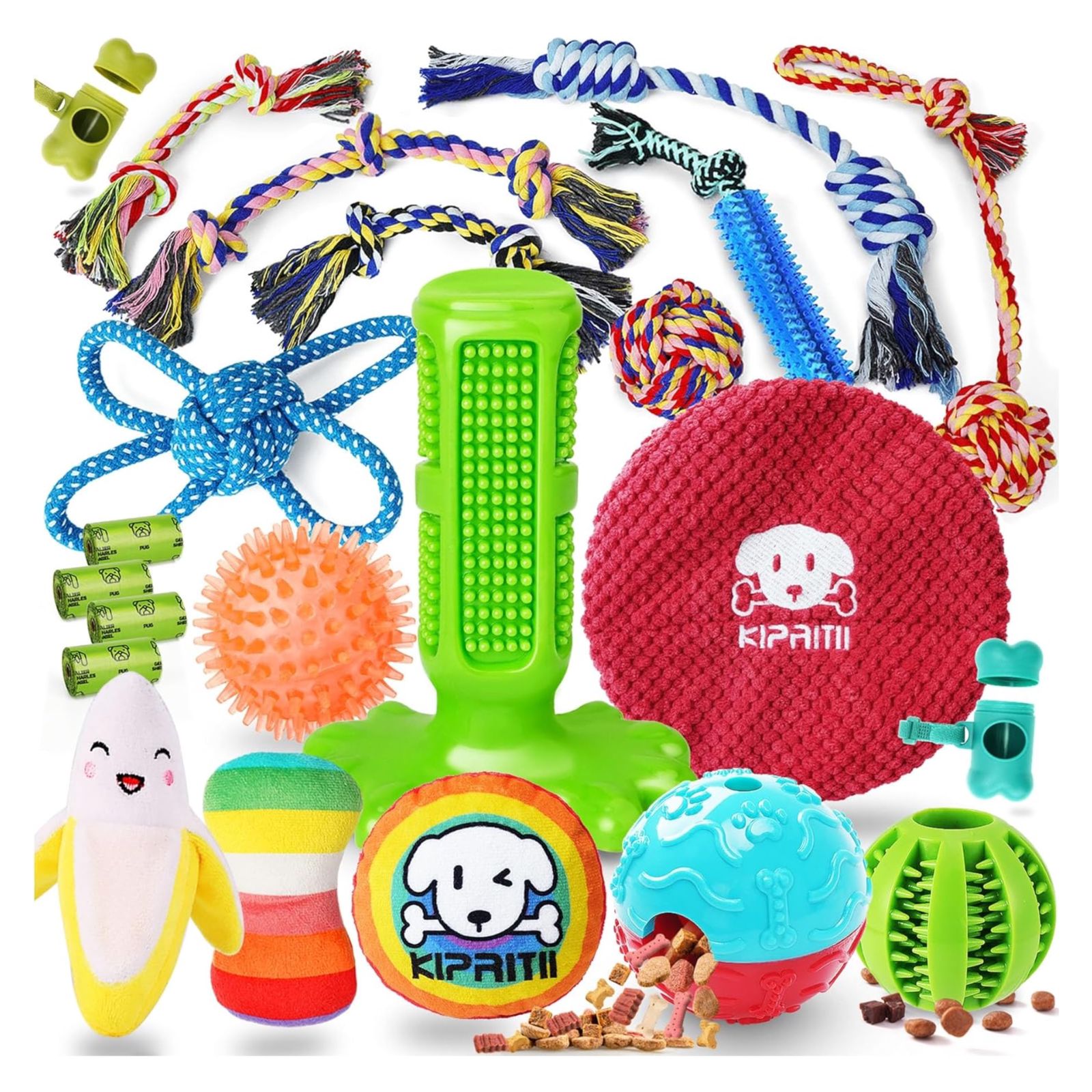 KIPRITII Dog Chew Toys for Puppy - 23 Pack Puppies Teething Chew Toys for Boredom, Pet Dog Toothbrush Chew Toys with Rope Toys, Treat Balls and Dog Squeaky Toy for Puppy and Small Dogs