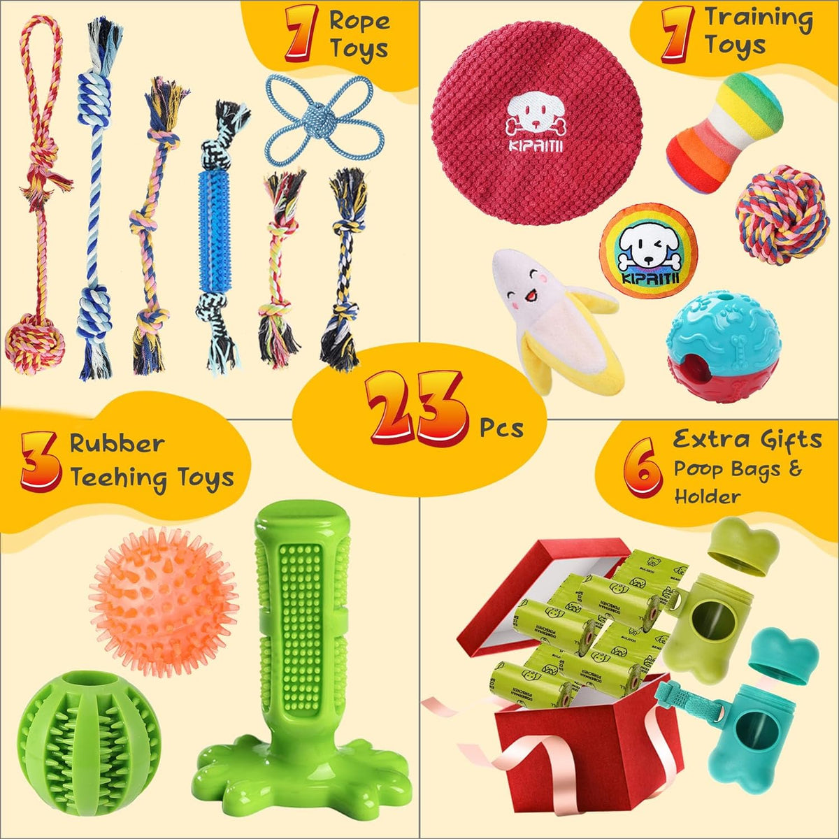 KIPRITII Dog Chew Toys for Puppy - 23 Pack Puppies Teething Chew Toys for Boredom, Pet Dog Toothbrush Chew Toys with Rope Toys