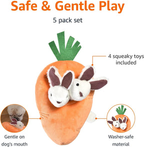 Basics Hide and Seek Squeaky Dog Plush Toy, Rabbit and Carrot, Orange and white, 5 Pack