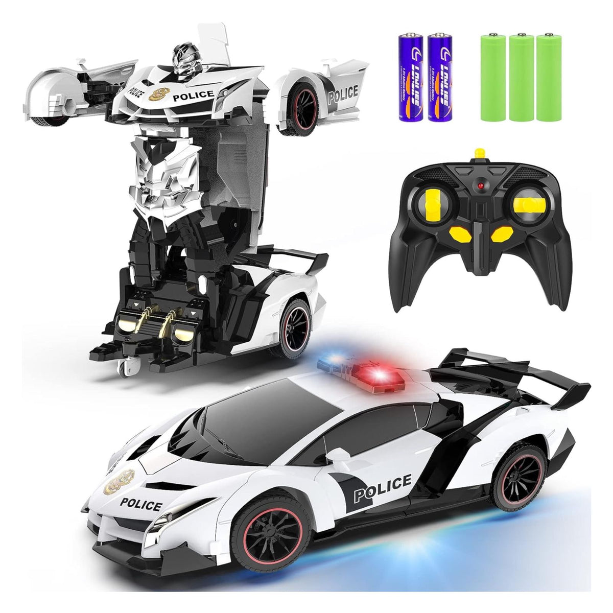 FDJ Remote Control Car - Transform , One Button Deformation to Robot with Flashing Light, 2.4Ghz 1:18 Scale Transforming Police Boys Kids Toys Gift with 360 Degree Rotating Drifting