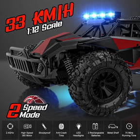 BLUEJAY Remote Control Car - 2.4GHz High Speed 33KM/H RC Cars Toys, 1:12 Monster RC Truck Off Road with LED Headlight and Rechargeable Battery