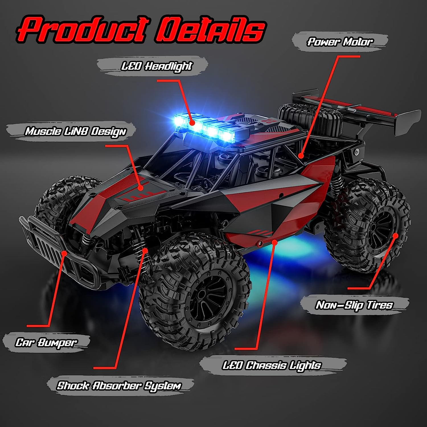 BLUEJAY Remote Control Car - 2.4GHz High Speed 33KM/H RC Cars Toys, 1:12 Monster RC Truck Off Road with LED Headlight and Rechargeable Battery