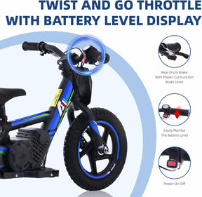 Electric Dirt Bike for Kids (Ages 3-6/5-12), 170/340W Electric Motorcycle Up to 10/12MPH, 24V Detachable Battery