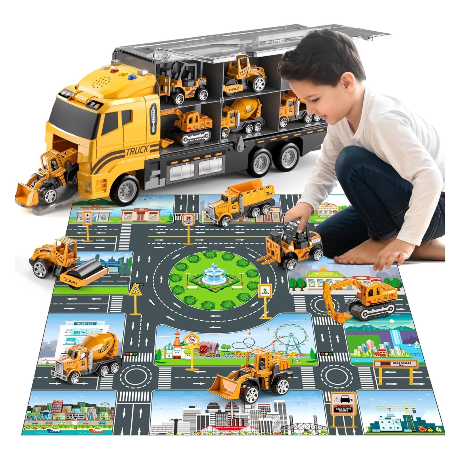 TEMI Toddler Toys for 3 4 5 6 Years Old Boys, Die-cast Construction Toys Car Carrier Vehicle Toy Set w/Play Mat, Kids Toys