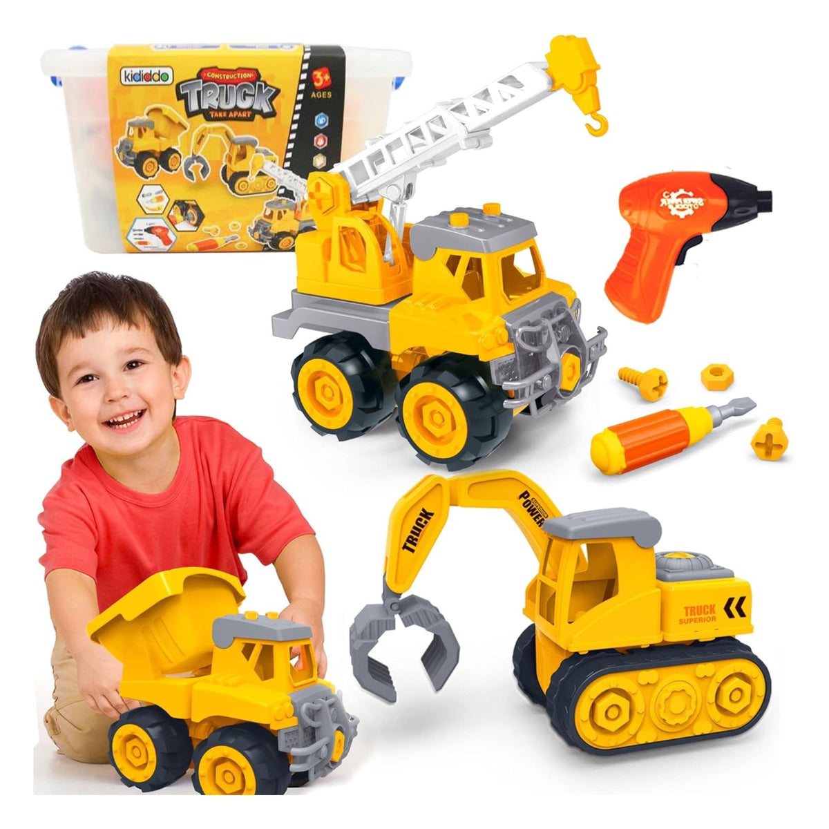 Construction Trucks Take Apart Toys for Kids Age 3-5 Toddlers Set of 3 Vehicles Excavator, Crane, Dump Truck Toy with Screwdriver and Drill Stem Educational Birthday Gift for 2 3 4 5 Year Old Boys