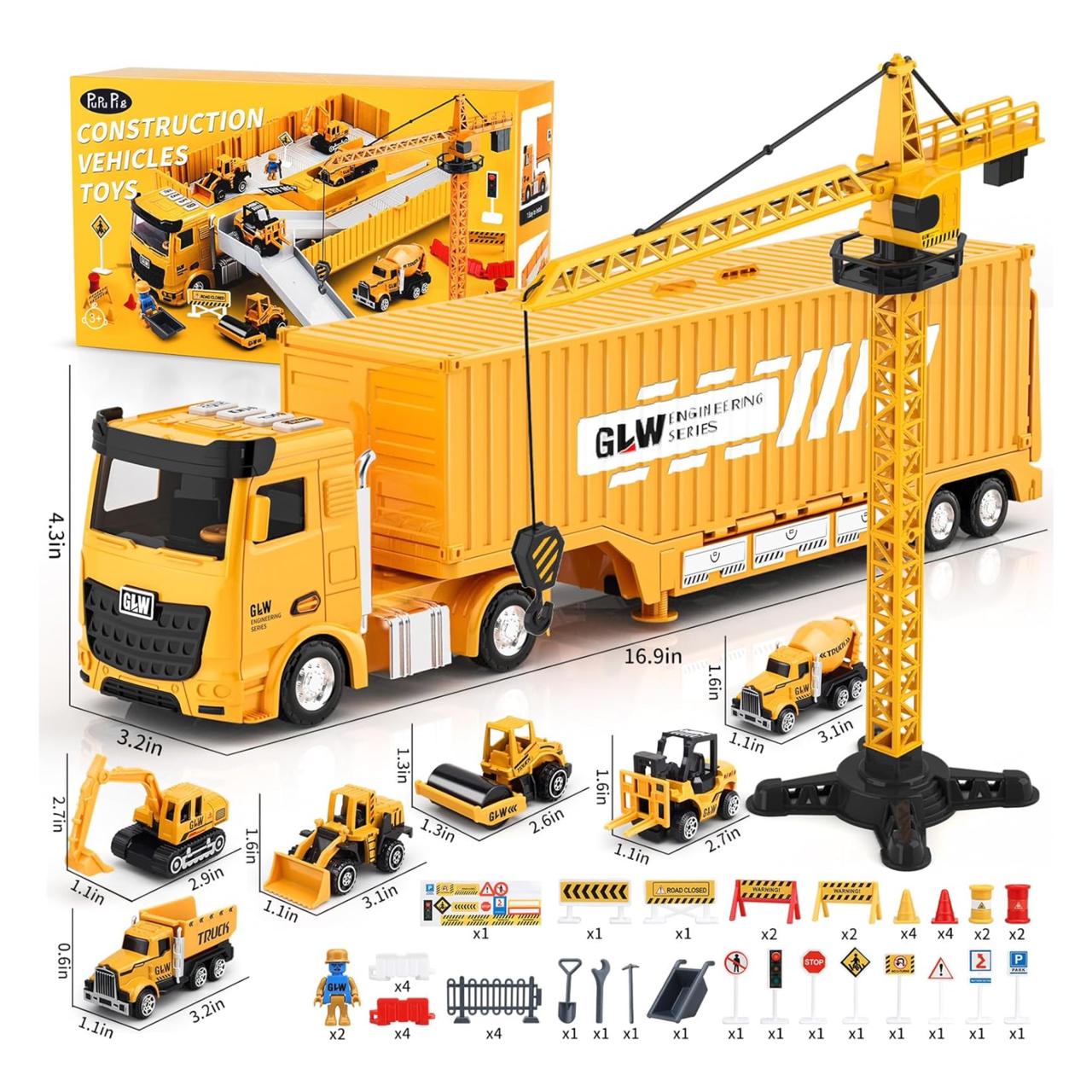 Construction Truck Toys Set w/Crane, Excavator, Forklift, Bulldozer, Dump Trucks, Cement Truck, Road Roller, Alloy Construction Vehicle