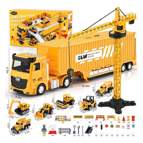 Construction Truck Toys Set w/Crane, Excavator, Forklift, Bulldozer, Dump Trucks, Cement Truck, Road Roller, Alloy Construction Vehicle