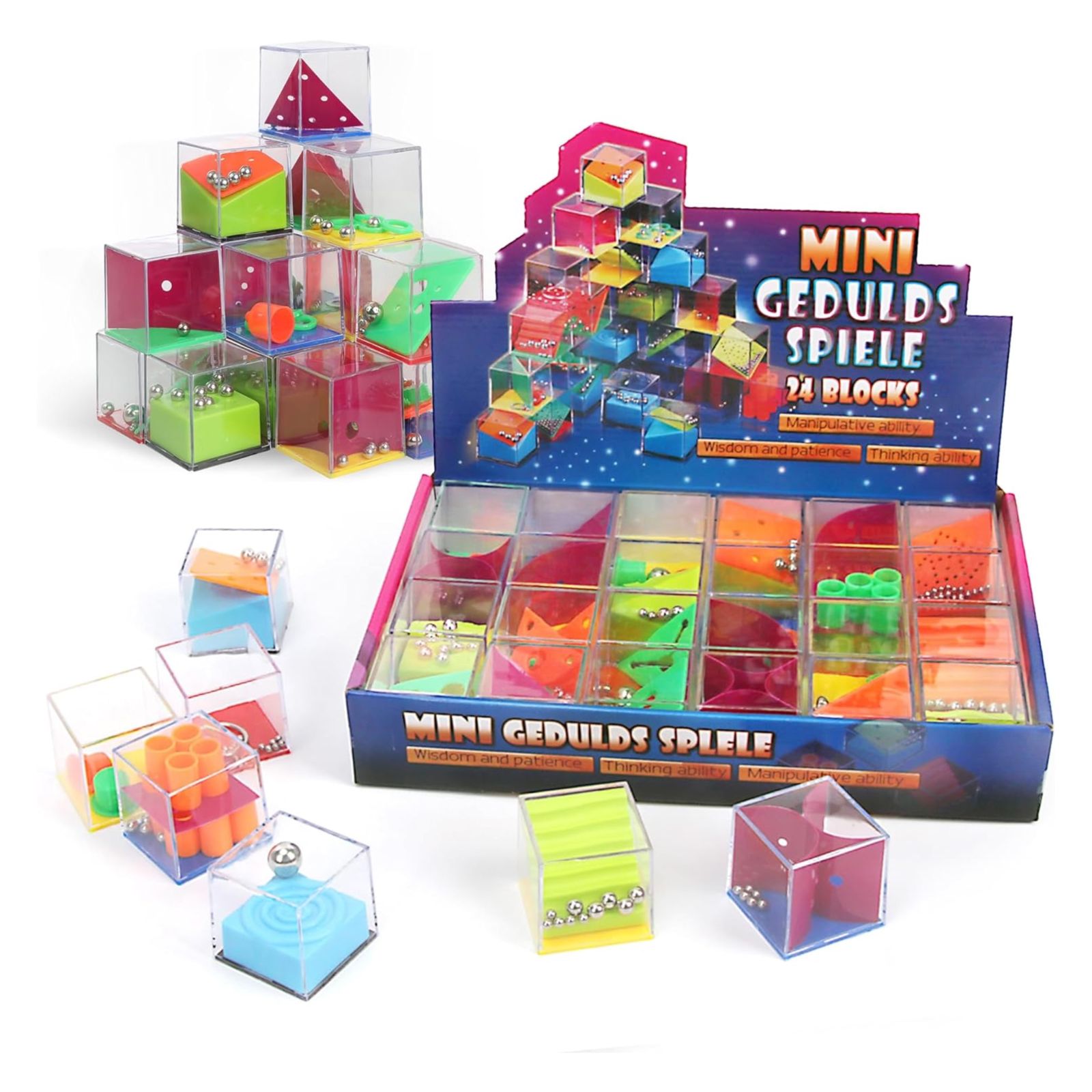 Mini Fidget Puzzle Boxes, 24 Piece Assorted 3D Brain Teaser Puzzle Cubes, Mind Games for Kids and Adults Party Favors, Stress and Anxiety Relief Toy