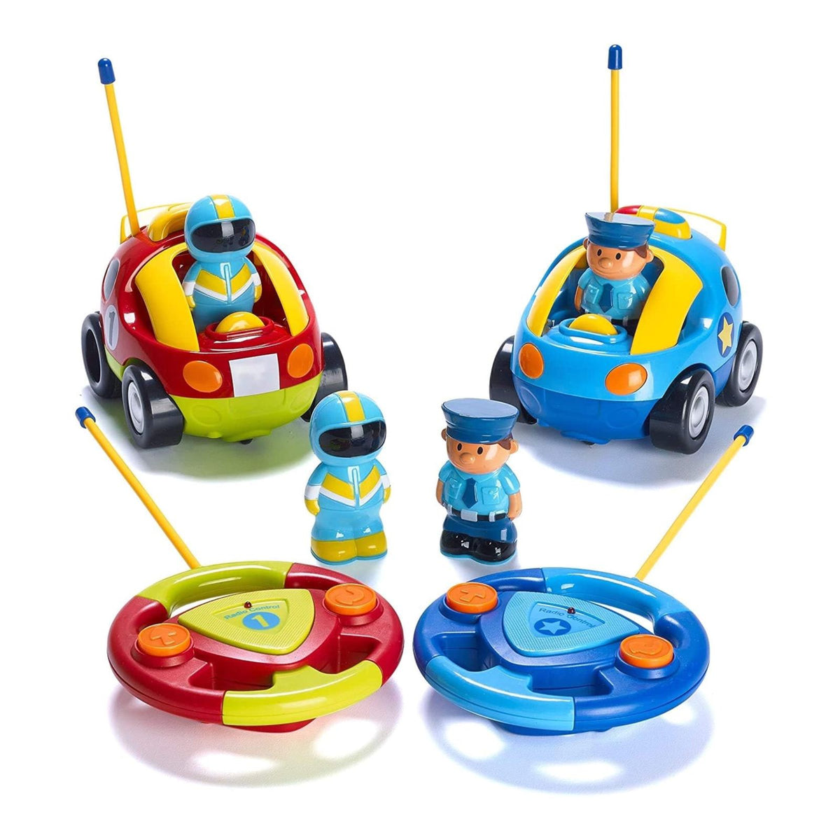 2 Pack Cartoon Remote Control Cars - Police Car and Race Car - Radio Control Toys for Kids, Boys & Girls