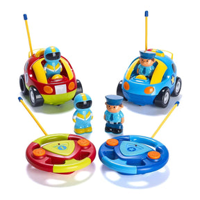 2 Pack Cartoon Remote Control Cars - Police Car and Race Car - Radio Control Toys for Kids, Boys & Girls