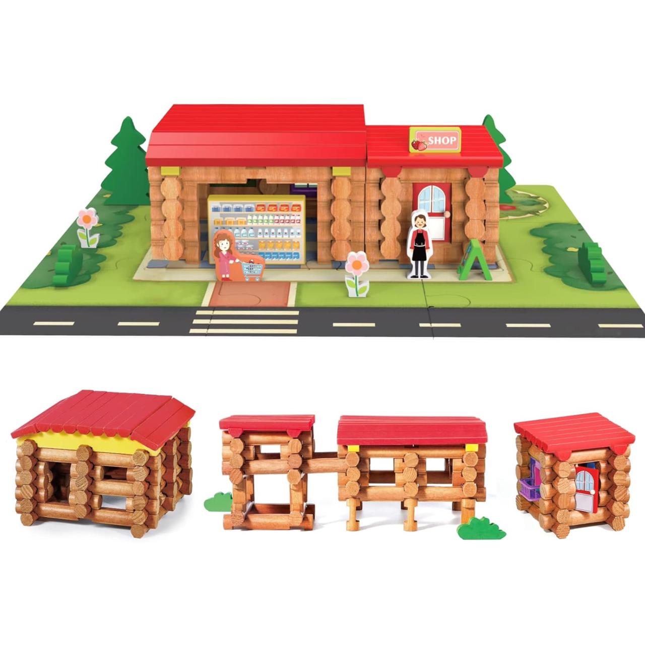 128 Pieces Real Wood Logs Set Ages 3+, Classic Building Log Gift Set for Boys/Girls