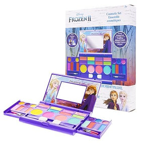 Disney Frozen Elsa Anna Cosmetic Compact Set with Mirror 22 lip glosses, 4 Body Shines, 6 Brushes Colorful Portable Foldable Washable Makeup Beauty Kit Box Set for Girls Kids Toddler