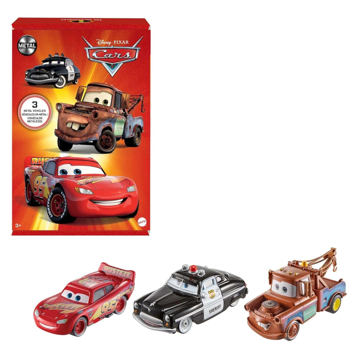 Mattel Disney Pixar Cars Toys, Radiator Springs 3-Pack of Die-cast Toy Cars & Trucks with Lightning McQueen, Mater & Sheriff