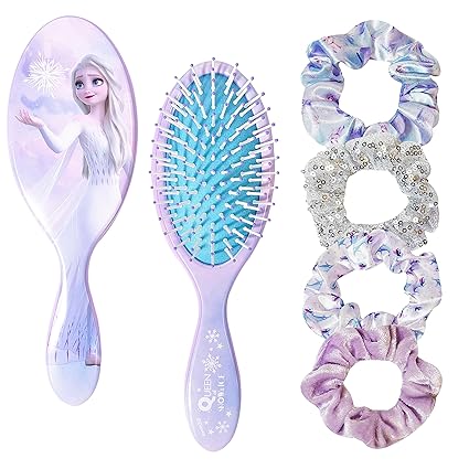 Frozen Princess Elsa 5 Pcs Hair Accessory Set - 1 Hair Brush + 4 Scrunchies for Girls. Detangling Brush and Elastic Hair Ties.