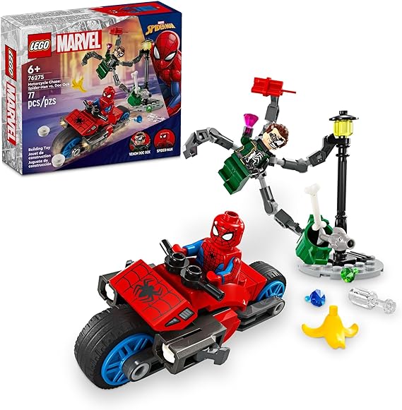 LEGO Marvel Motorcycle Chase: Spider-Man vs. Doc Ock, Buildable Toy for Kids with Stud Shooters and Web Blasters, 2 Marvel Minifigures, Super Hero Toy, Gift for Boys and Girls Aged 6 and Up, 76275